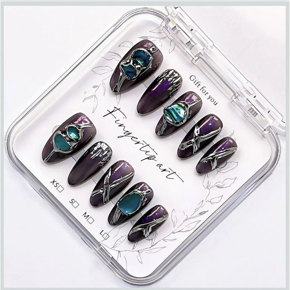 Handmade Purple Chrome Press On Nails Medium Almond Teal Gems 10Pc Reusable